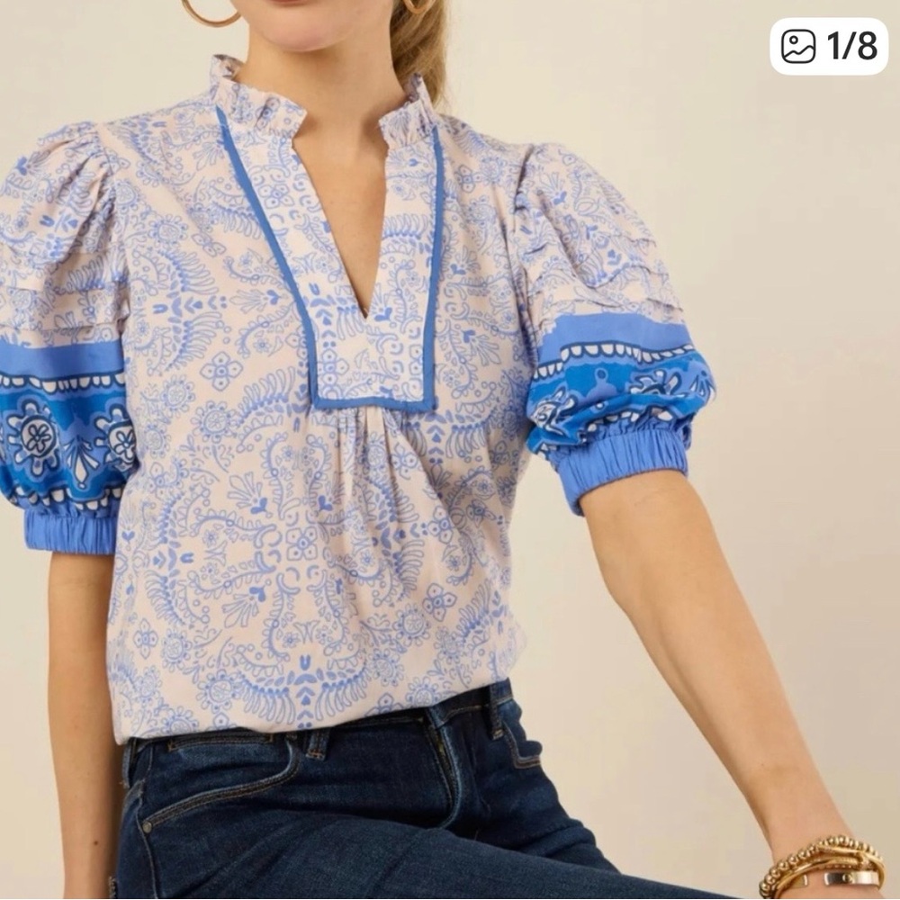 Pinch Blue Paisley Puff-Sleeve Women's Top XL